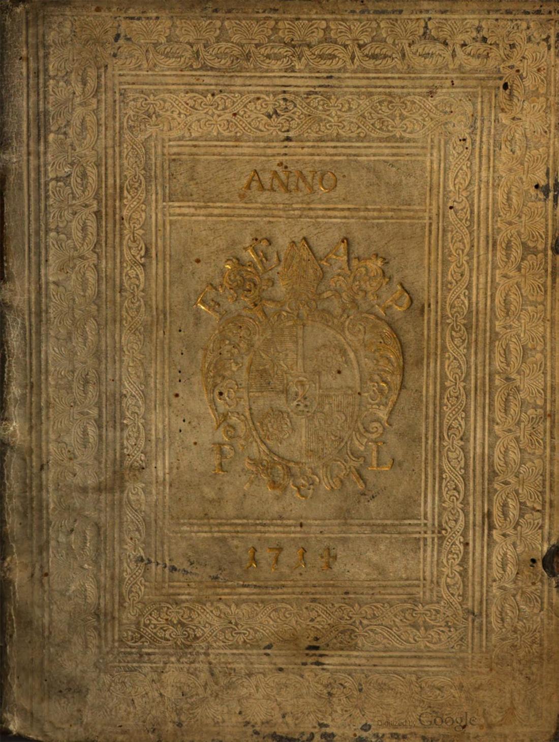 Plat de cuir estampé à froid du même volume, avec des armoiries dorées sous une mitre, daté de 1714